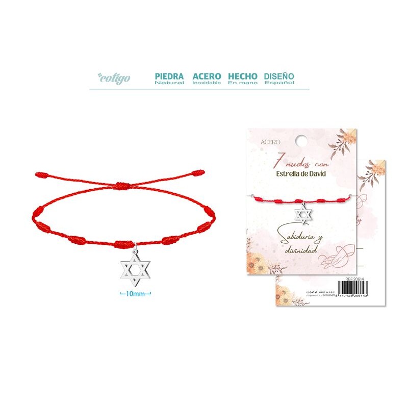 Pulsera 7 Nudos con Estrella De David en Acero Plateado (P2)